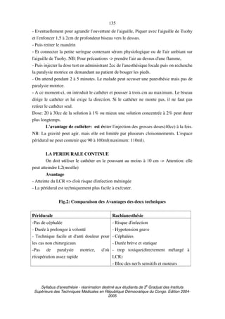 Syllabus d'anesthésie - réanimation destiné aux étudiants de 3
e
Graduat des Instituts
Supérieurs des Techniques Médicales en République Démocratique du Congo. Edition 2004-
2005
135
- Eventuellement pour agrandir l'ouverture de l'aiguille, Piquer avec l'aiguille de Tuohy
et l'enfoncer 1,5 à 2cm de profondeur biseau vers le dessus.
- Puis retirer le mandrin
- Et connecter la petite seringue contenant sérum physiologique ou de l'air ambiant sur
l'aiguille de Tuohy. NB: Pour précautions -> prendre l'air au dessus d'une flamme,
- Puis injecter la dose test en administrant 2cc de l'anesthésique locale puis on recherche
la paralysie motrice en demandant au patient de bouger les pieds.
- On attend pendant 2 à 5 minutes. Le malade peut accuser une paresthésie mais pas de
paralysie motrice.
- A ce moment-ci, on introduit le cathéter et pousser à trois cm au maximum. Le biseau
dirige le cathéter et lui exige la direction. Si le cathéter ne monte pas, il ne faut pas
retirer le cathéter seul.
Dose: 20 à 30cc de la solution à 1% ou mieux une solution concentrée à 2% peut durer
plus longtemps.
L'avantage de cathéter: est éviter l'injection des grosses doses(40cc) à la fois.
NB: La gravité peut agir, mais elle est limitée par plusieurs cloisonnements. L'espace
péridural ne peut contenir que 90 à 100ml(maximum: 110ml).
LA PERIDURALE CONTINUE
On doit utiliser le cathéter en le poussant au moins à 10 cm -> Attention: elle
peut atteindre L2(moelle)
Avantage
- Atteinte du LCR => d'où risque d'infection méningée
- La péridural est techniquement plus facile à exécuter.
Fig.2: Comparaison des Avantages des deux techniques
Péridurale Rachianesthésie
-Pas de céphalée
- Durée à prolonger à volonté
- Technique facile et d'anti douleur pour
les cas non chirurgicaux
-Pas de paralysie motrice, d'où
récupération assez rapide
- Risque d'infection
- Hypotension grave
- Céphalées
- Durée brève et statique
- trop toxique(directement mélangé à
LCR)
- Bloc des nerfs sensitifs et moteurs
 