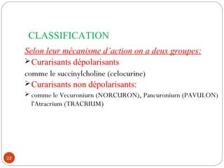 CLASSIFICATION
Selon leur mécanisme d’action on a deux groupes:
Curarisants dépolarisants
comme le succinylcholine (celocurine)
Curarisants non dépolarisants:
 comme le Vecuroniurn (NORCURON), Pancuroniurn (PAVULON)
l'Atracrium (TRACRIUM)
22
 