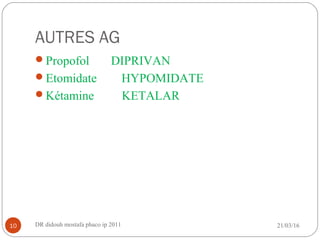 AUTRES AG
Propofol DIPRIVAN
Etomidate HYPOMIDATE
Kétamine KETALAR
21/03/16DR didouh mostafa phaco ip 201110
 