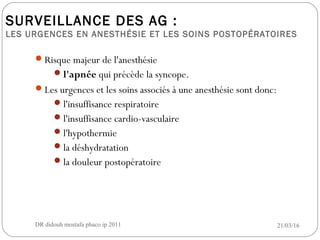 SURVEILLANCE DES AG :
LES URGENCES EN ANESTHÉSIE ET LES SOINS POSTOPÉRATOIRES
Risque majeur de l'anesthésie
l'apnée qui précède la syncope.
Les urgences et les soins associés à une anesthésie sont donc:
l'insuffisance respiratoire
l'insuffisance cardio-vasculaire
l'hypothermie
la déshydratation
la douleur postopératoire
21/03/16DR didouh mostafa phaco ip 201111
 