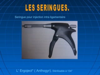 Seringue pour injection intra ligamentaire
L’ Ergoject* ( Anthogyr). Stérilisable à 134°
 
