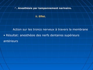 . Anesthésie par tamponnement narinaire.
ii. Effet.
Action sur les troncs nerveux à travers la membrane
• Résultat: anesthésie des nerfs dentaires supérieurs
antérieurs
 