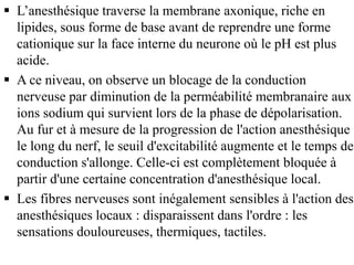 L’anesthésique traverse la membrane axonique, riche en
lipides, sous forme de base avant de reprendre une forme
cationique sur la face interne du neurone où le pH est plus
acide.
 A ce niveau, on observe un blocage de la conduction
nerveuse par diminution de la perméabilité membranaire aux
ions sodium qui survient lors de la phase de dépolarisation.
Au fur et à mesure de la progression de l'action anesthésique
le long du nerf, le seuil d'excitabilité augmente et le temps de
conduction s'allonge. Celle-ci est complètement bloquée à
partir d'une certaine concentration d'anesthésique local.
 Les fibres nerveuses sont inégalement sensibles à l'action des
anesthésiques locaux : disparaissent dans l'ordre : les
sensations douloureuses, thermiques, tactiles.
 
