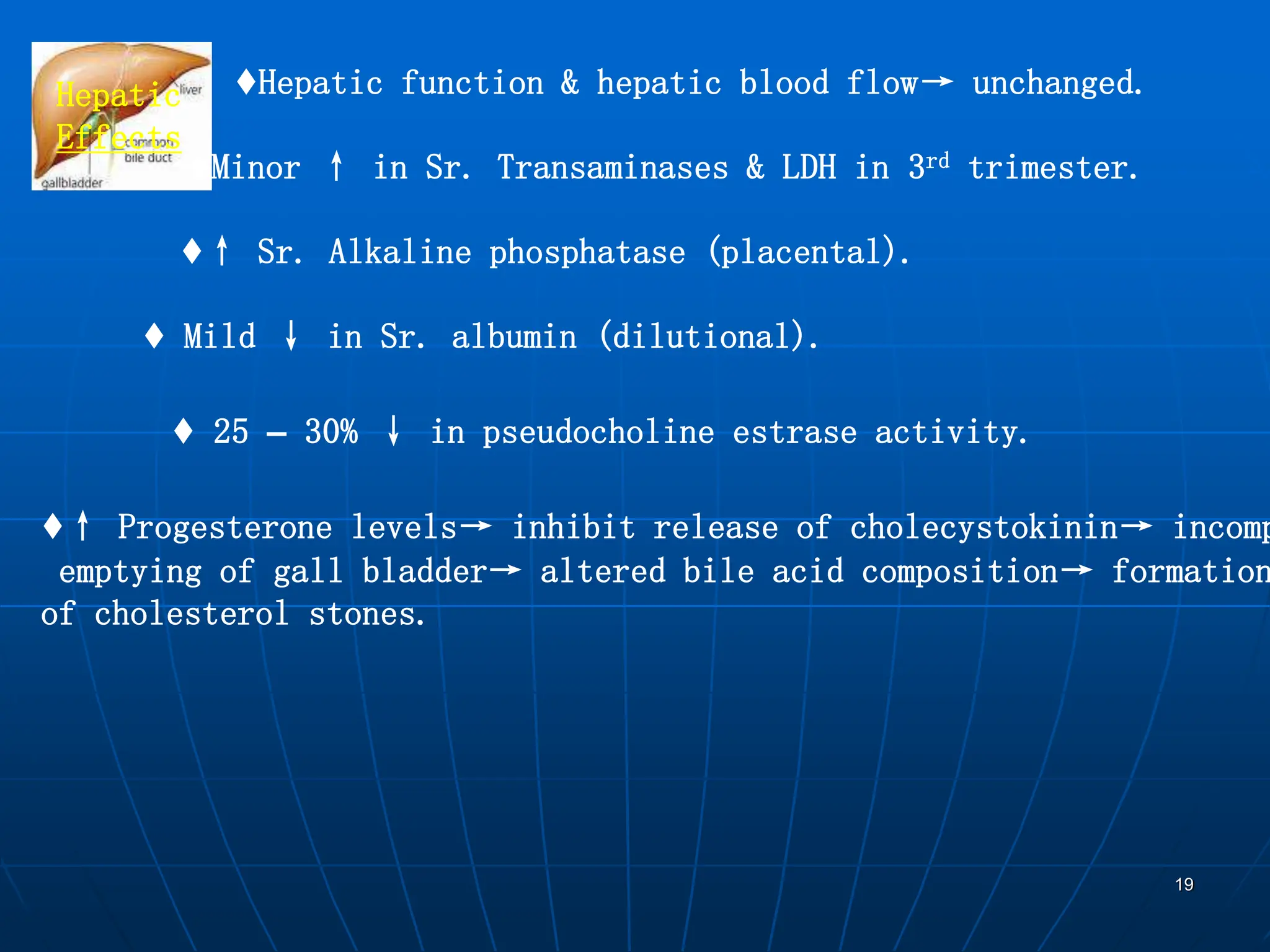 19
Hepatic
Effects
♦Hepatic function & hepatic blood flow→ unchanged.
♦Minor ↑ in Sr. Transaminases & LDH in 3rd trimester.
♦↑ Sr. Alkaline phosphatase (placental).
♦ Mild ↓ in Sr. albumin (dilutional).
♦ 25 – 30% ↓ in pseudocholine estrase activity.
♦↑ Progesterone levels→ inhibit release of cholecystokinin→ incomp
emptying of gall bladder→ altered bile acid composition→ formation
of cholesterol stones.
 