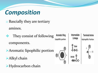 Composition
o Bascially they are tertiary
amines.
 They consist of following
components.
Aromatic lipophilic portion
Alkyl chain
Hydrocarbon chain
 