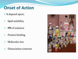 Onset of Action
 It depend upon;
 lipid solubility
 PH of solution
 Protein binding
 Molecular size
 Dissociation constant
 