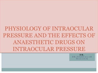 D R .
D R . ZI K R U L L A H
M A L L I C K
PHYSIOLOGY OF INTRAOCULAR
PRESSURE AND THE EFFECTS OF
ANAESTHETIC DRUGS ON
INTRAOCULAR PRESSURE
 