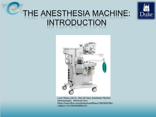 THE ANESTHESIA MACHINE:
INTRODUCTION
Lucie Filteau (2013), Real GE Aisys Anesthesia Machine
[photograpgh]. Retrieved from
https://www.flickr.com/photos/luciefilteau/19843830788/i
n/album-72157654569908142/
 