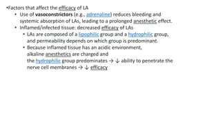 •Factors that affect the efficacy of LA
• Use of vasoconstrictors (e.g., adrenaline) reduces bleeding and
systemic absorption of LAs, leading to a prolonged anesthetic effect.
• Inflamed/infected tissue: decreased efficacy of LAs
• LAs are composed of a lipophilic group and a hydrophilic group,
and permeability depends on which group is predominant.
• Because inflamed tissue has an acidic environment,
alkaline anesthetics are charged and
the hydrophilic group predominates → ↓ ability to penetrate the
nerve cell membranes → ↓ efficacy
 