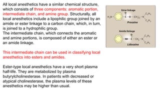 All local anesthetics have a similar chemical structure,
which consists of three components: aromatic portion,
intermediate chain, and amine group. Structurally, all
local anesthetics include a lipophilic group joined by an
amide or ester linkage to a carbon chain, which, in turn,
is joined to a hydrophilic group.
The intermediate chain, which connects the aromatic
and amine portions, is composed of either an ester or
an amide linkage.
This intermediate chain can be used in classifying local
anesthetics into esters and amides.
Ester-type local anesthetics have a very short plasma
half-life. They are metabolized by plasma
butyrylcholinesterase. In patients with decreased or
atypical cholinesterase, the plasma levels of these
anesthetics may be higher than usual.
 