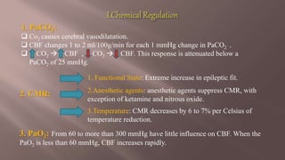 3. PaO2: From 60 to more than 300 mmHg have little influence on CBF. When the
PaO2 is less than 60 mmHg, CBF increases rapidly.
1. PaCO2:
 Co2 causes cerebral vasodilatation.
 CBF changes 1 to 2 ml/100g/min for each 1 mmHg change in PaCO2 .
 CO2  CBF , CO2  CBF. This response is attenuated below a
PaCO2 of 25 mmHg.
2. CMR: 2.Anesthetic agents: anesthetic agents suppress CMR, with
exception of ketamine and nitrous oxide.
3.Temperature: CMR decreases by 6 to 7% per Celsius of
temperature reduction.
1. Functional State: Extreme increase in epileptic fit.
 