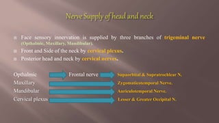  Face sensory innervation is supplied by three branches of trigeminal nerve
(Opthalmic, Maxillary, Mandibular).
 Front and Side of the neck by cervical plexus.
 Posterior head and neck by cervical nerves.
Opthalmic Frontal nerve Supaorbital & Supratrochlear N.
Maxillary Zygomaticotemporal Nerve.
Mandibular Auriculotemporal Nerve.
Cervical plexus Lesser & Greater Occipital N.
 