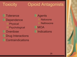 25
Toxicity Opioid Antagonists
Tolerance
Dependence
Physical
Psychological
Overdose
Drug Interactions
Contraindications
Agents
Naloxone
Naltrexone
MOA
Indications
 