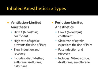  Ventilation-Limited
Anesthetics
 High λ (blood/gas)
coefficient
 High rate of uptake
prevents the rise of Palv
 Slow Induction and
recovery
 Includes: diethyl ether,
enflurane, isoflurane,
halothane
 Perfusion-Limited
Anesthetics
 Low λ (blood/gas)
coefficient
 Slow rate of uptake
expedites the rise of Palv
 Fast Induction and
recovery
 Includes: Nitrous oxide,
desflurane, sevoflurane
 