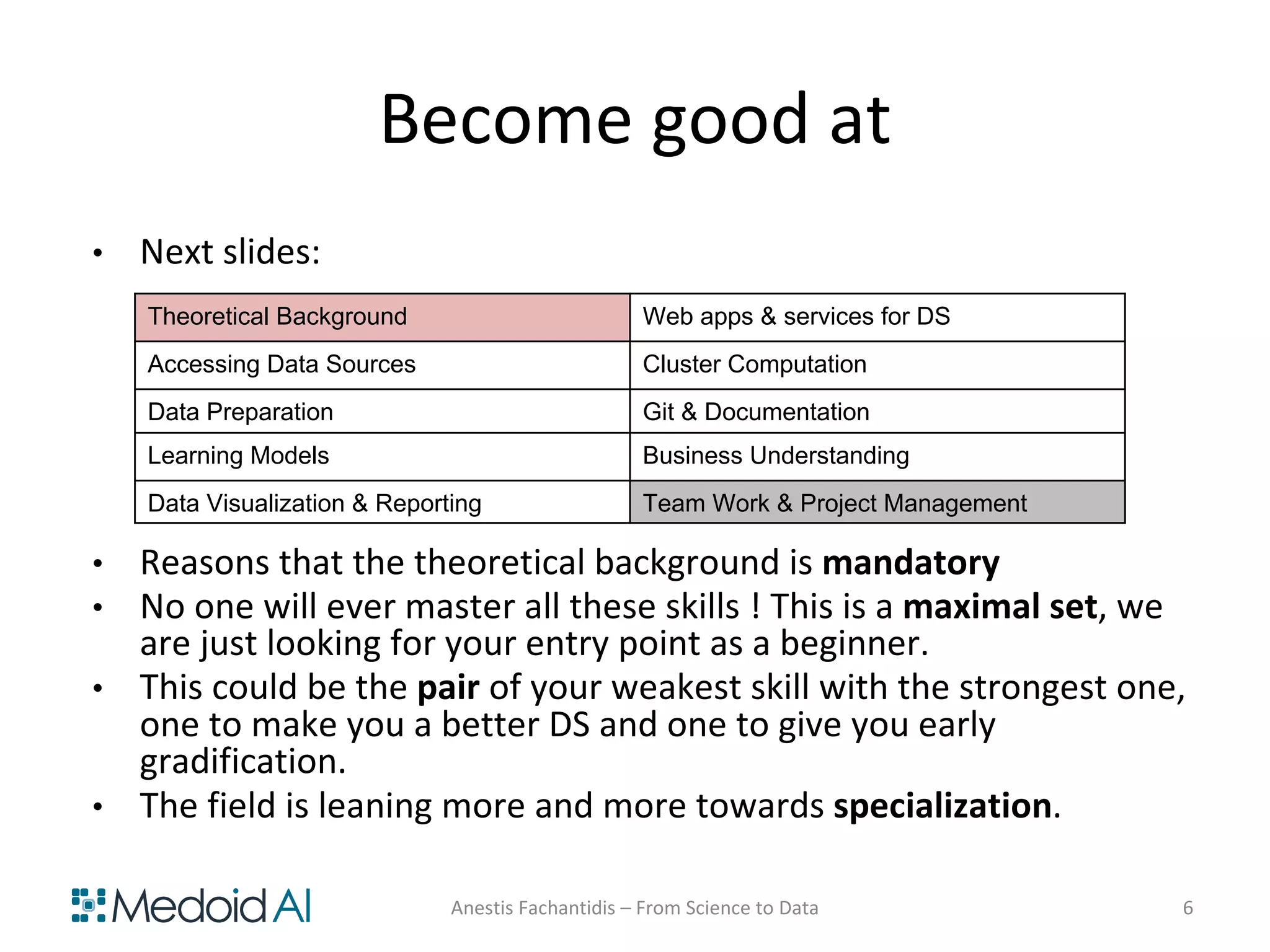 Become good at
• Next slides:
• Reasons that the theoretical background is mandatory
• No one will ever master all these skills ! This is a maximal set, we
are just looking for your entry point as a beginner.
• This could be the pair of your weakest skill with the strongest one,
one to make you a better DS and one to give you early
gradification.
• The field is leaning more and more towards specialization.
Theoretical Background Web apps & services for DS
Accessing Data Sources Cluster Computation
Data Preparation Git & Documentation
Learning Models Business Understanding
Data Visualization & Reporting Team Work & Project Management
Anestis Fachantidis – From Science to Data 6
 