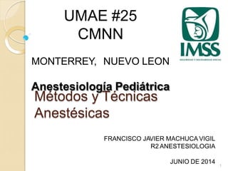 Métodos y Técnicas
Anestésicas
1
UMAE #25
CMNN
MONTERREY, NUEVO LEON
Anestesiología Pediátrica
FRANCISCO JAVIER MACHUCA VIGIL
R2 ANESTESIOLOGIA
JUNIO DE 2014
 