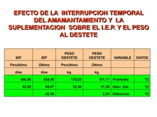 EFECTO DE LA INTERRUPCION TEMPORAL
DEL AMAMANTAMIENTO Y LA
SUPLEMENTACION SOBRE EL I.E.P. Y EL PESO
AL DESTETE
IEP IEP
PESO
DESTETE
PESO
DESTETE VARIABLE DATOS
Penúltimo Último Penúltimo Último
días días kg. kg.
460,96 424,40 178,83 181,17 Promedio 72
82,09 64,67 32,44 31,28 Desv .Est. 72
-36,56 2,34 Diferencia 72
 