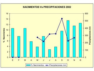 NACIMIENTOS Vs PRECIPITACIONES 2002
0
2
4
6
8
10
12
14
16
E F M A M J J A S O N D
%Nacimientos
0
100
200
300
400
500
600
Precipitacionesmm
% Nacimientos Precipitaciones mm
 