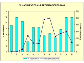 % NACIMIENTOS Vs PRECIPITACIONES 2003
0
2
4
6
8
10
12
14
E F M A M J J A S O N D
%Nacimientos
0
100
200
300
400
500
600
Precipitacionesmm
% Nacimientos Precipitaciones mm
 
