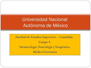 Facultad de Estudios Superiores – Cuautitlán.  Campo 4. Farmacología, Toxicología y Terapéutica  Médico Veterinaria Universidad Nacional  Autónoma de México 