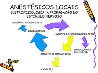 ANESTÉSICOS LOCAIS ELETROFISIOLOGIA: A PROPAGAÇÃO DO ESTÍMULO NERVOSO REDUÇÃO DO GRADIENTE DE Na INATIVAÇÃO DOS CANAIS DE Na EFLUXO DE K AUMENTO DA PERMEABILIDADE AO Na CORRENTE DE ENTRADA DE Na DESPOLARIZAÇÃO 