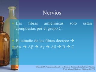 Nervios
• Las fibras amielínicas solo están
compuestas por el grupo C.
• El tamaño de las fibras decrece 
• Aa  Ab  Ag  Ad  B  C
Wikinski JA. Anestésicos Locales en Texto de Anestesiología Teórico-Práctica,
2° ed. Manual Moderno, 2004, pp 311-331
 