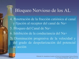 Bloqueo Nervioso de los AL
4. Penetración de la fracción catiónica al canal
y fijación al receptor del canal de Na+
5. Bloqueo del Canal de Na+
6. Inhibición de la conductancia del Na+
7. Disminución progresiva de la velocidad y
del grado de despolarización del potencial
de acción
Wikinski JA. Anestésicos Locales en Texto de Anestesiología Teórico-Práctica,
2° ed. Manual Moderno, 2004, pp 311-331
 