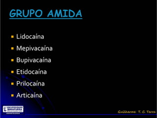    Lidocaína
   Mepivacaína
   Bupivacaína
   Etidocaína
   Prilocaína
   Articaína
 