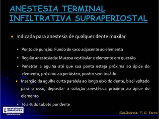    Indicada para anestesia de qualquer dente maxilar

     Ponto de punção: Fundo de saco adjacente ao elemento

     Região anestesiada: Mucosa vestibular e elemento em questão

     Penetrar a agulha até que sua ponta esteja próxima ao ápice do
        elemento, próximo ao periósteo, porém sem tocá-lo
       Inserção da agulha curta paralela ao longo eixo do dente, bisel voltado
        para o osso, depositar a solução anestésica próximo ao ápice do
        elemento
     ½ a ¾ do tubete por dente
 