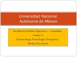 Facultad de Estudios Superiores – Cuautitlán.
Campo 4.
Farmacología,Toxicología yTerapéutica
MédicoVeterinaria
Universidad Nacional
Autónoma de México
 
