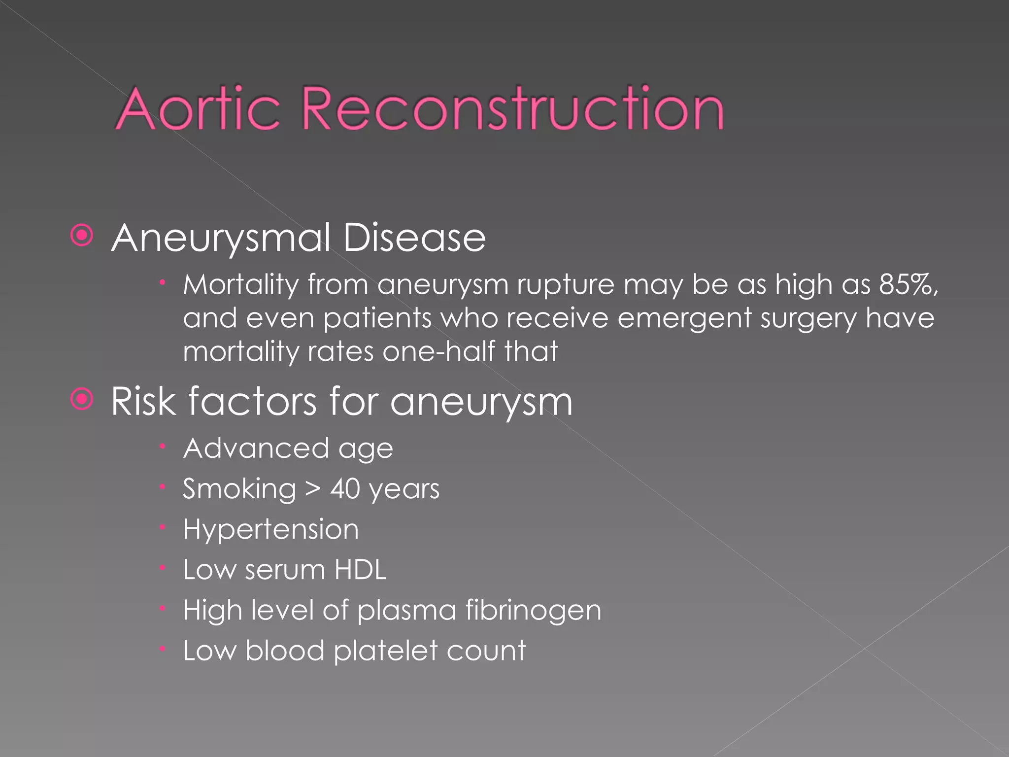 Aneurysmal Disease Mortality from aneurysm rupture may be as high as 85%, and even patients who receive emergent surgery have mortality rates one-half that Risk factors for aneurysm Advanced age Smoking > 40 years Hypertension Low serum HDL High level of plasma fibrinogen Low blood platelet count 