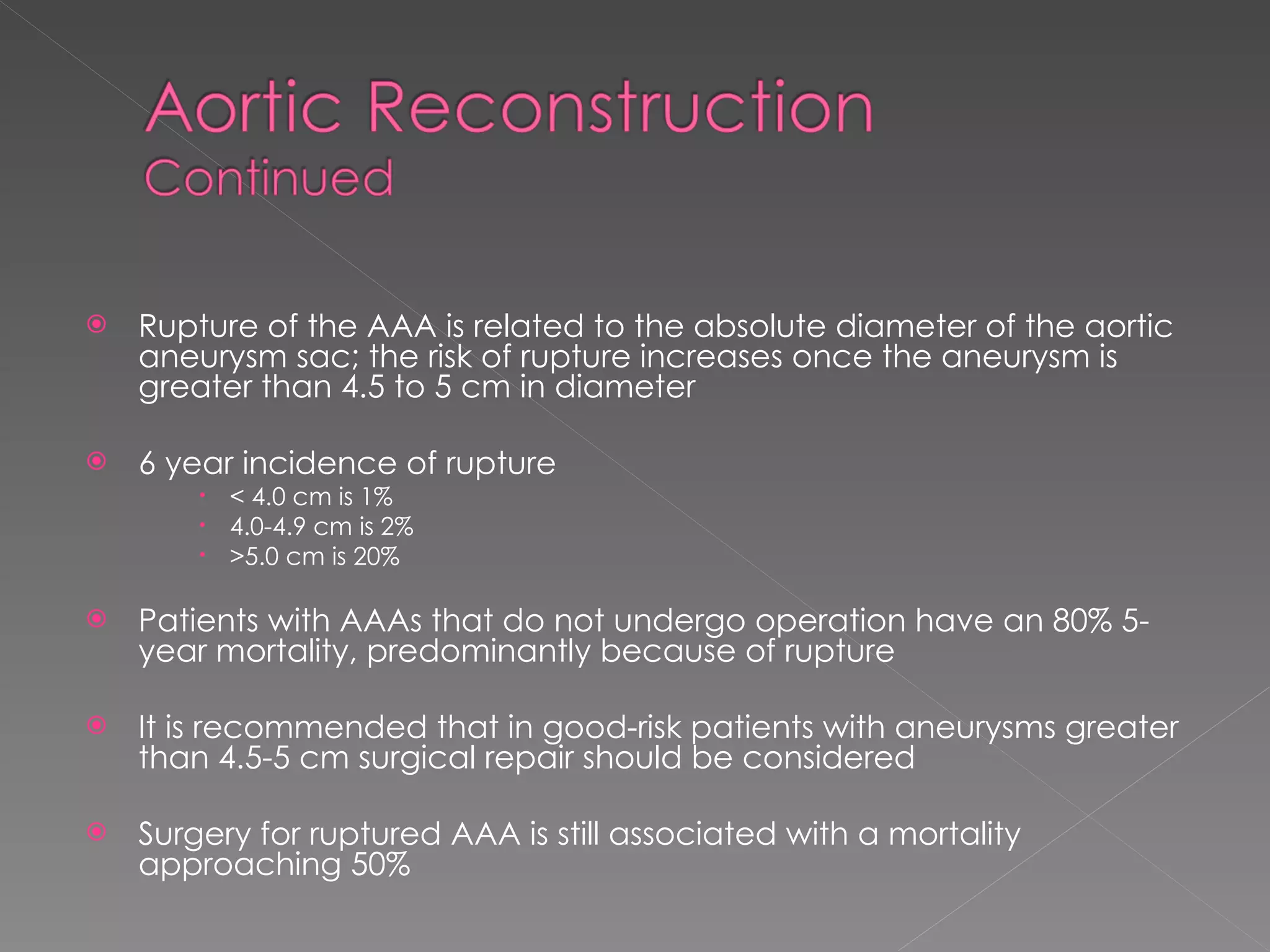 Rupture of the AAA is related to the absolute diameter of the aortic aneurysm sac; the risk of rupture increases once the aneurysm is greater than 4.5 to 5 cm in diameter 6 year incidence of rupture  < 4.0 cm is 1% 4.0-4.9 cm is 2% >5.0 cm is 20% Patients with AAAs that do not undergo operation have an 80% 5-year mortality, predominantly because of rupture It is recommended that in good-risk patients with aneurysms greater than 4.5-5 cm surgical repair should be considered  Surgery for ruptured AAA is still associated with a mortality approaching 50% 