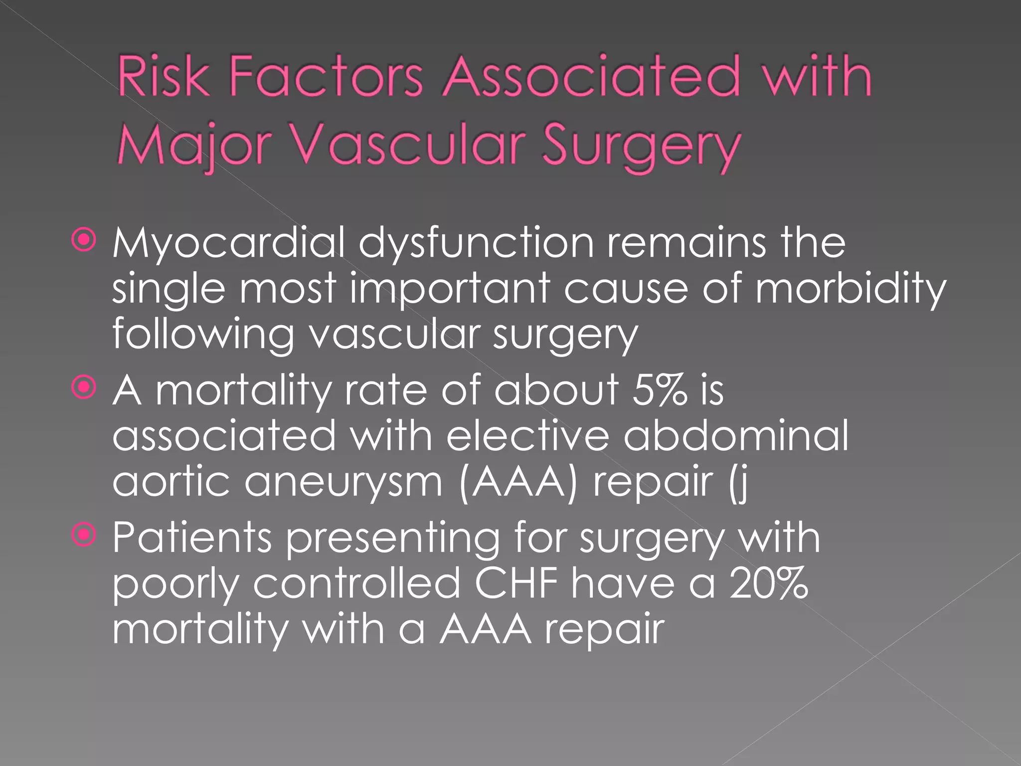 Myocardial dysfunction remains the single most important cause of morbidity following vascular surgery A mortality rate of about 5% is associated with elective abdominal aortic aneurysm (AAA) repair (j Patients presenting for surgery with poorly controlled CHF have a 20% mortality with a AAA repair 