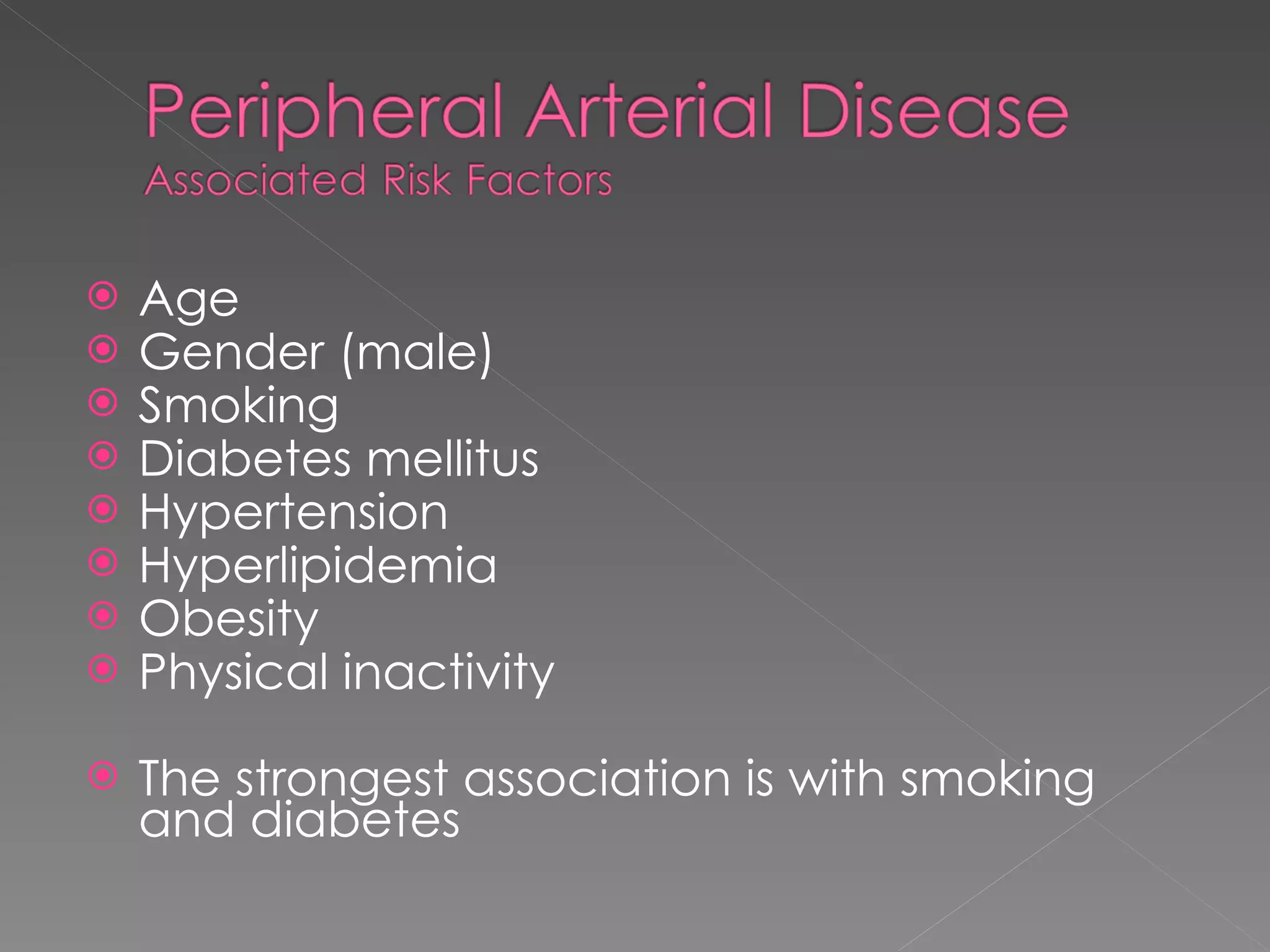 Age Gender (male) Smoking Diabetes mellitus Hypertension Hyperlipidemia Obesity Physical inactivity The strongest association is with smoking and diabetes 