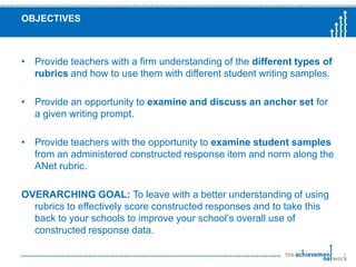 ObjectivesProvide teachers with a firm understanding of the different types of rubrics and how to use them with different student writing samples.