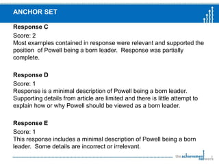 Student Response #2Score: 1Why a 1?There is minimal attempt to explain that slave quilts contain meaningful designs.  There are no supporting details from the article included.Why not a 0?The information provided was not incorrect.  The response, while lacking details from the passage, does show understanding of quilts helping slaves escape from slavery and that designs had different meanings.
