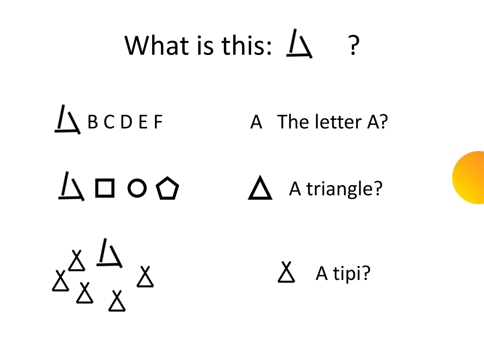 What is this:         ?

BCDEF        A The letter A?


                  A triangle?


                     A tipi?
 
