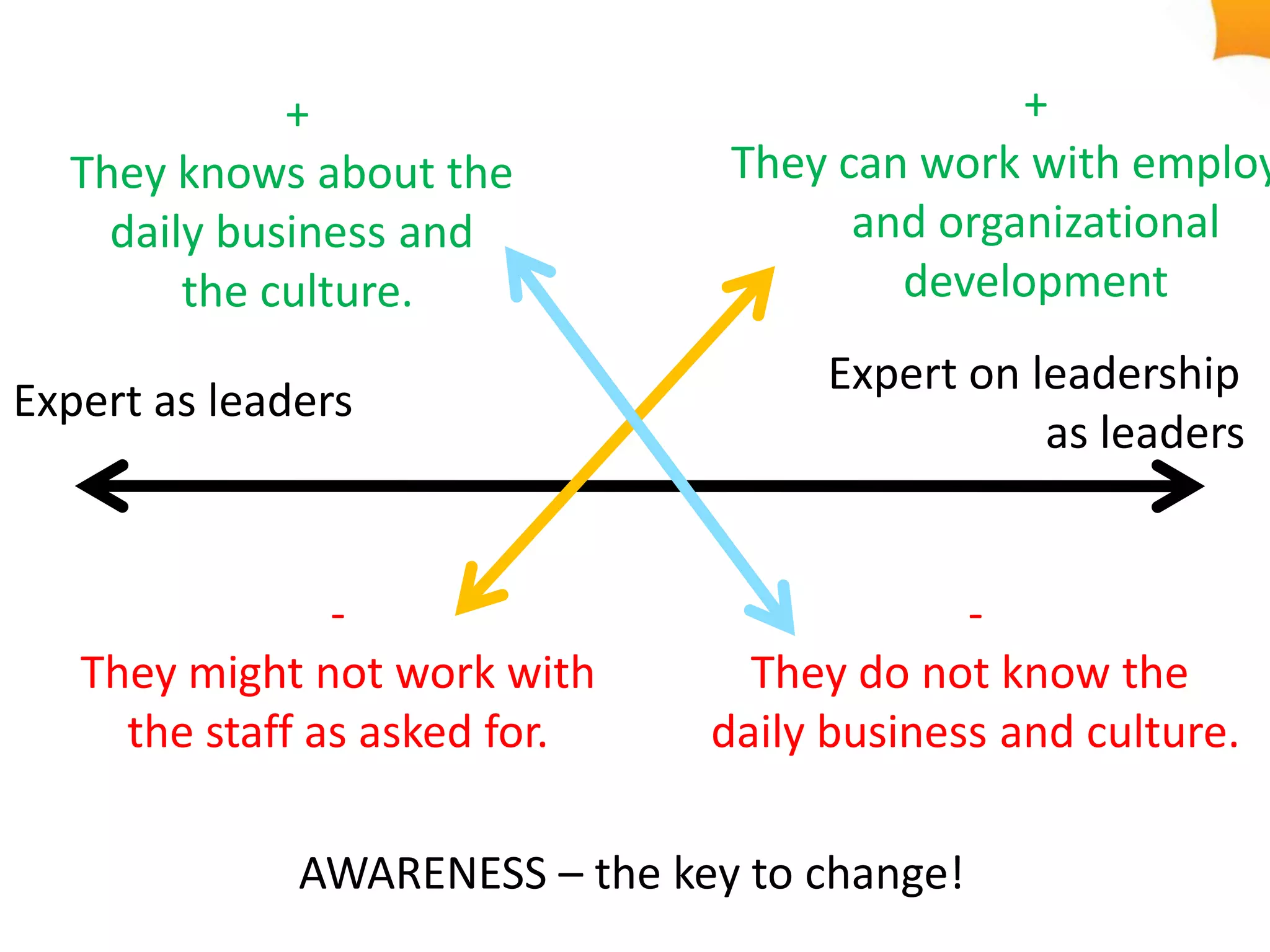 +                                 +
  They knows about the           They can work with employ
    daily business and                 and organizational
        the culture.                     development
                                     Expert on leadership
Expert as leaders
                                                as leaders


                -                            -
   They might not work with       They do not know the
     the staff as asked for.    daily business and culture.

              AWARENESS – the key to change!
 