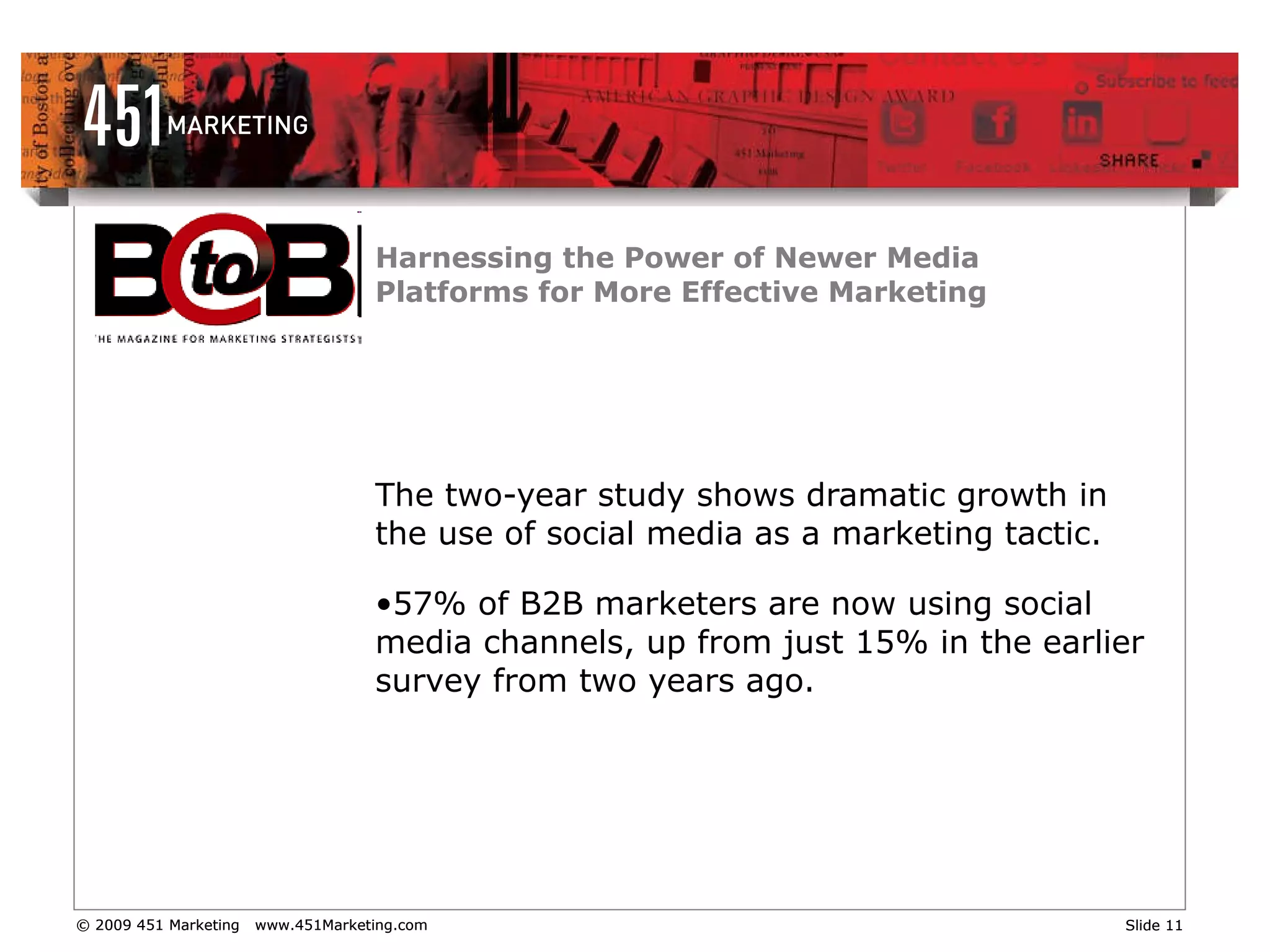 Harnessing the Power of Newer Media Platforms for More Effective Marketing The two-year study shows dramatic growth in the use of social media as a marketing tactic. 57% of B2B marketers are now using social media channels, up from just 15% in the earlier survey from two years ago. 