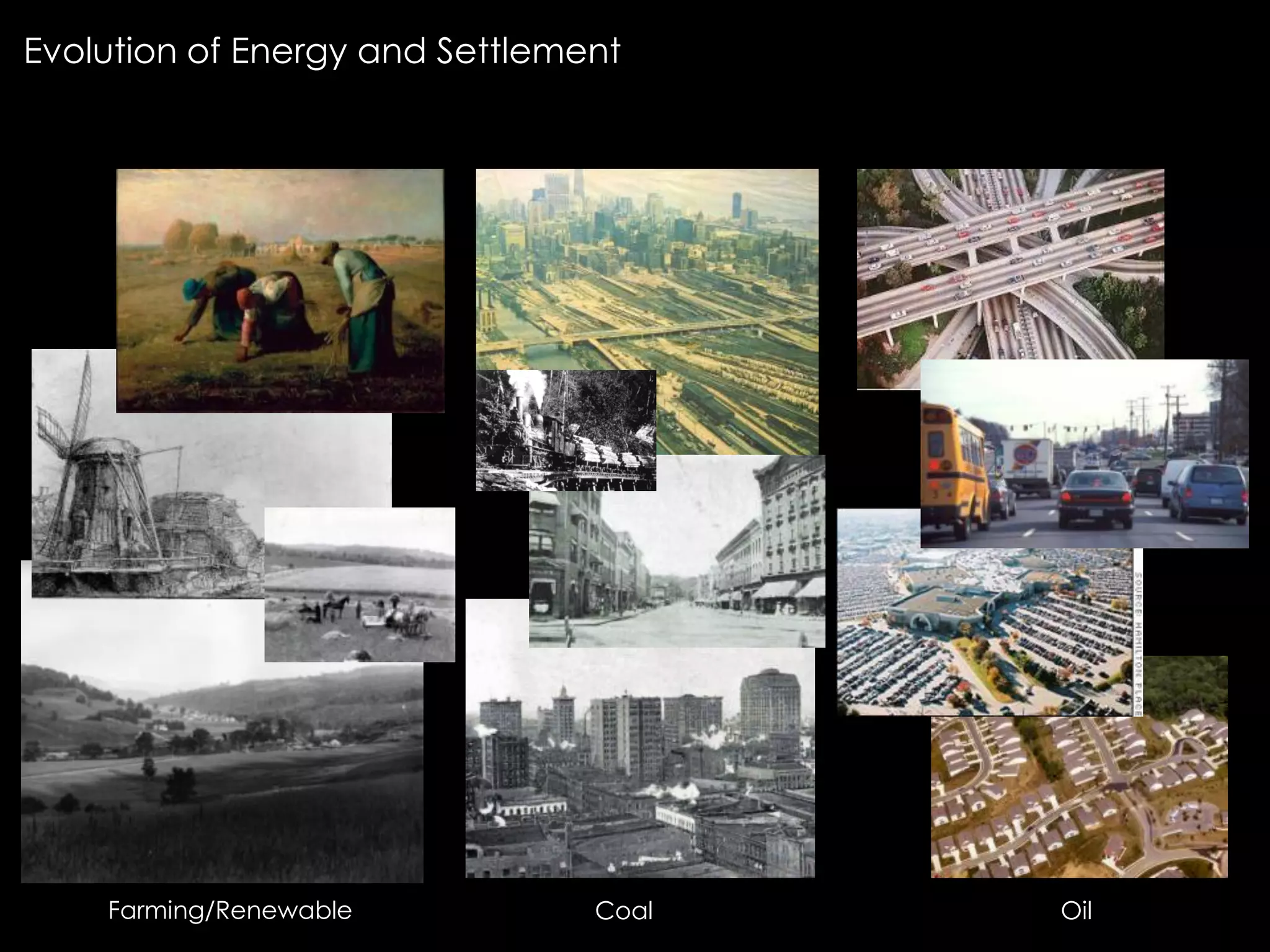 Evolution of Energy and Settlement
Renewable / Farms and Villages Coal / Urbanization Oil / SuburbanizationFarming/Renewable Coal Oil
Painting by Thomas James Judkin / Public Domain
Photograph by Michigan Department of Transportation / Public Domain
painting by Jan Brueghel the Elder / Public Domain-US
painting by Jean-François Millet / Public Domain-US
Photo by austrini / CC BY 2.0
Photo by Rand, McNally & Co / Public Domain-US
photo by Seattle Eng Co / Public Domain-US
Photo by Minesweeper / CC-BY-SA-3.0
Photo by David Shankbone / CC-BY-SA-3.0
Derivative by Maclay Architects from Otto Krebs 1874 / Public Domain-US
 