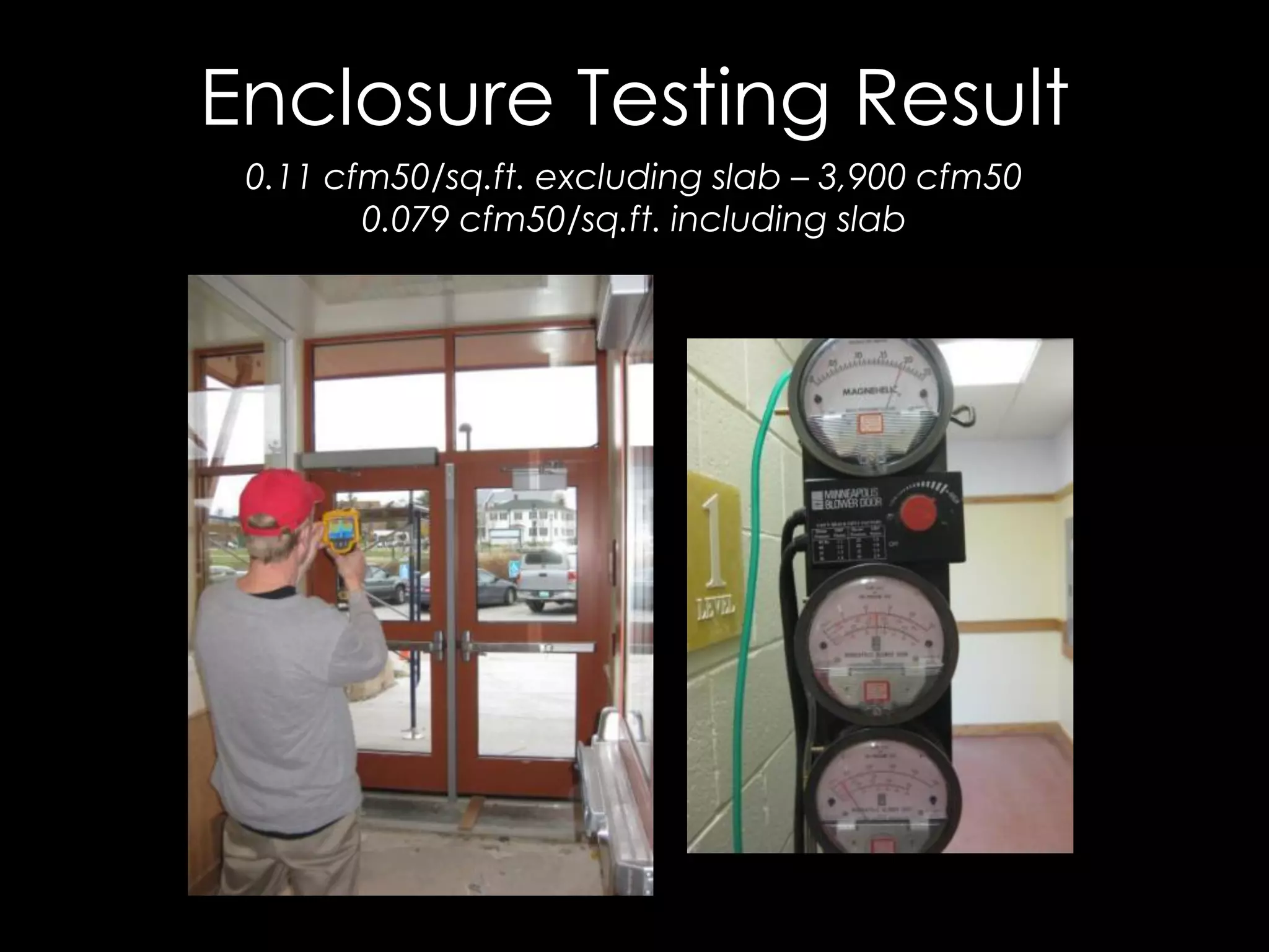 Enclosure Testing Result
0.11 cfm50/sq.ft. excluding slab – 3,900 cfm50
0.079 cfm50/sq.ft. including slab
 