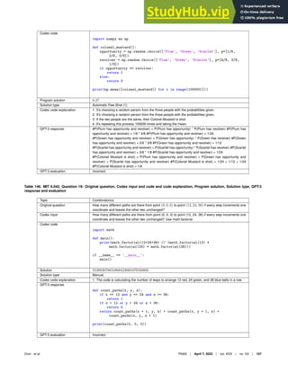 Codex code
import numpy as np
def colonel_mustard():
opportunity = np.random.choice([’Plum’, ’Green’, ’Scarlet’], p=[1/6,
2/6, 3/6])
revolver = np.random.choice([’Plum’, ’Green’, ’Scarlet’], p=[4/8, 3/8,
1/8])
if opportunity == revolver:
return 1
else:
return 0
print(np.mean([colonel_mustard() for i in range(100000)]))
Program solution 0.27
Solution type Automatic Few-Shot (1)
Codex code explanation 1. It’s choosing a random person from the three people with the probabilities given.
2. It’s choosing a random person from the three people with the probabilities given.
3. If the two people are the same, then Colonel Mustard is shot.
4. It’s repeating this process 100000 times and taking the mean.
GPT-3 response #P(Plum has opportunity and revolver) = P(Plum has opportunity) * P(Plum has revolver) #P(Plum has
opportunity and revolver) = 1/6 * 4/8 #P(Plum has opportunity and revolver) = 1/24
#P(Green has opportunity and revolver) = P(Green has opportunity) * P(Green has revolver) #P(Green
has opportunity and revolver) = 2/6 * 3/8 #P(Green has opportunity and revolver) = 1/12
#P(Scarlet has opportunity and revolver) = P(Scarlet has opportunity) * P(Scarlet has revolver) #P(Scarlet
has opportunity and revolver) = 3/6 * 1/8 #P(Scarlet has opportunity and revolver) = 1/24
#P(Colonel Mustard is shot) = P(Plum has opportunity and revolver) + P(Green has opportunity and
revolver) + P(Scarlet has opportunity and revolver) #P(Colonel Mustard is shot) = 1/24 + 1/12 + 1/24
#P(Colonel Mustard is shot) = 1/6
GPT-3 evaluation Incorrect
Table 146. MIT 6.042, Question 19: Original question, Codex input and code and code explanation, Program solution, Solution type, GPT-3
response and evaluation
Topic Combinatorics
Original question How many different paths are there from point (0, 0, 0) to point (12, 24, 36) if every step increments one
coordinate and leaves the other two unchanged?
Codex input How many different paths are there from point (0, 0, 0) to point (12, 24, 36) if every step increments one
coordinate and leaves the other two unchanged? Use math.factorial
Codex code
import math
def main():
print(math.factorial(12+24+36) // (math.factorial(12) *
math.factorial(24) * math.factorial(36)))
if __name__ == ’__main__’:
main()
Solution 553883078634868423069470550800
Solution type Manual
Codex code explanation 1. The code is calculating the number of ways to arrange 12 red, 24 green, and 36 blue balls in a row.
GPT-3 response
def count_paths(x, y, z):
if x == 12 and y == 24 and z == 36:
return 1
if x  12 or y  24 or z  36:
return 0
return count_paths(x + 1, y, z) + count_paths(x, y + 1, z) +
count_paths(x, y, z + 1)
print(count_paths(0, 0, 0))
GPT-3 evaluation Incorrect
Drori et al. PNAS | April 7, 2022 | vol. XXX | no. XX | 107
 