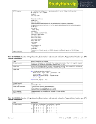 GPT-3 response Let x be the number of days mine A operates and y be the number of days mine B operates.
We want to ﬁnd x and y such that:
10x+6y=72
120x+140y=1340
This can be rewritten as:
10x+6y-72=0
120x+140y-1340=0
This is a system of linear equations that can be solved using substitution or elimination.
Using substitution, we can solve for y in the ﬁrst equation and substitute this into the second equation.
10x+6y-72=0
10x=-6y+72
y=(10/6)x-(72/6)
y=(5/3)x-12
120x+140(5/3)x-12(140)-1340=0
120x+700x/3-1680-1340=0
120x+700x/3-3020=0
700x/3+120x-3020=0
700x/3+120x-3020=0
700x/3=3020-120x
700x/3=2800
x=4000/21
y=(5/3)(4000/21)-12
y=1666.667-12
y=1654.667
Therefore, mine A should operate for 4000/21 days and mine B should operate for 1654.667 days.
GPT-3 evaluation Incorrect
Table 157. COMS3251, Question 5: Original question, Codex input and code and code explanation, Program solution, Solution type, GPT-3
response and evaluation
Topic Vectors, Lengths and Dot products
Original question At noon, the minute and the hour hands of an analog clock coincide. What is the angle (in degrees)
subtended by the minute and hour hands of an analog clock at 1:15?
Codex input At noon, the minute and the hour hands of an analog clock coincide. Write a program to compute the
angle (in degrees) subtended by the hands of an analog clock at 1:15
Codex code
def clock_angle(hour, minute):
hour_angle = (hour * 30) + (minute * 0.5)
minute_angle = (minute * 6)
angle = abs(hour_angle - minute_angle)
return angle
print(clock_angle(1, 15))
Program solution 52.5
Solution type Automatic Zero-Shot
Codex code explanation 1. The hour hand moves 30 degrees every hour.
2. The minute hand moves 6 degrees every minute.
3. The hour hand moves 0.5 degrees every minute.
GPT-3 response The angle between the minute and hour hands at 1:15 is 90 degrees.
GPT-3 evaluation Incorrect
Table 158. COMS3251, Question 6: Original question, Codex input and code and code explanation, Program solution, Solution type, GPT-3
response and evaluation
Topic Matrix Algebra
Original question For what matrix R, the following matrix equation is satisﬁed?
R ∗




1 0 0 0 0
1 1 0 0 0
1 2 1 0 0
1 3 3 1 0
1 4 6 4 1



 =




1 0 0 0 0
0 1 0 0 0
0 1 1 0 0
0 1 2 1 0
0 1 3 3 1




Drori et al. PNAS | April 7, 2022 | vol. XXX | no. XX | 115
 