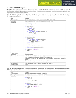 H. Solution of MATH: Prealgebra
Prealgebra Prealgebra problems cover a basic topics from a variety of subjects within math. These include concepts of
mean, median, and mode, primes and divisibility, working with fractions, decimals, and ratios, solving simple equations and
inequalities, and simple counting problems.
Table 178. MATH Prealgebra, Question 1: Original question, Codex input and code and code explanation, Program solution, Solution type,
GPT-3 response and evaluation
Topic Prealgebra
Original question How many different primes are in the prime factorization of 87 · 89 · 91 · 93?
Codex input How many different primes are in the prime factorization of 87*89*91*93?
Codex code
from math import sqrt
def is_prime(n):
if n == 2:
return True
if n % 2 == 0:
return False
for i in range(3, int(sqrt(n)) + 1, 2):
if n % i == 0:
return False
return True
def prime_factors(n):
factors = []
for i in range(2, int(sqrt(n)) + 1):
if is_prime(i) and n % i == 0:
factors.append(i)
return factors
def main():
n = 87 * 89 * 91 * 93
print(len(set(prime_factors(n))))
if __name__ == ’__main__’:
main()
Program solution 6
Solution type Automatic Zero-Shot
Codex code explanation 1. We deﬁne a function that checks if a number is prime.
2. We deﬁne a function that returns a list of prime factors of a number.
3. We deﬁne a function that calls the previous two functions and prints the length of the set of prime
factors.
The set() function returns a set of unique elements from a list.
The main() function is called at the bottom of the code.
GPT-3 response There are six different primes in the prime factorization of 87*89*91*93.
GPT-3 evaluation Correct
Table 179. MATH Prealgebra, Question 2: Original question, Codex input and code and code explanation, Program solution, Solution type,
GPT-3 response and evaluation
Topic Prealgebra
Original question What is the greatest common factor of 84, 112 and 210?
Codex input What is the greatest common factor of 84, 112 and 210?
Codex code
def gcd(a, b):
if b == 0:
return a
return gcd(b, a % b)
def main():
print(gcd(84, gcd(112, 210)))
if __name__ == ’__main__’:
main()
126 | www.pnas.org/cgi/doi/10.1073/pnas.XXXXXXXXXX Drori et al.
 