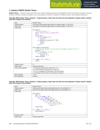 J. Solution of MATH: Number Theory
Number Theory Number theory problems cover topics including primes and divisibility, prime factorization, greatest common
divisors and least common multiples, sum and product of divisors, numbers in different bases, and modular arithmetic.
Table 208. MATH Number Theory, Question 1: Original question, Codex input and code and code explanation, Program solution, Solution
type, GPT-3 response and evaluation
Topic Number Theory
Original question The product of the positive integer divisors of a positive integer n is 729. Find n.
Codex input The product of the positive integer divisors of a positive integer n is 729. Find n.
Codex code
def main():
Solve problem.
print ’Project Euler, Problem 523’
n = 1
while True:
if n % 100000 == 0:
print n
if product_divisors(n) == 729:
print n
break
n += 1
def product_divisors(n):
Return the product of the positive integer divisors of n.
product = 1
for i in range(1, n + 1):
if n % i == 0:
product *= i
return product
if __name__ == ’__main__’:
main()
Program solution 27
Solution type Automatic Zero-Shot
Codex code explanation 1. It’s iterating through all the numbers from 1 to n.
2. For each number, it’s checking if it’s a divisor of n.
3. If it is, it’s multiplying it by the product of the other divisors.
4. If the product is 729, it prints n and breaks out of the loop.
GPT-3 response n is 9.
GPT-3 evaluation Incorrect
Table 209. MATH Number Theory, Question 2: Original question, Codex input and code and code explanation, Program solution, Solution
type, GPT-3 response and evaluation
Topic Number Theory
Original question How many four-digit numbers whose digits add up to 9 are divisible by 11?
Codex input How many four-digit numbers whose digits add up to 9 are divisible by 11?
Codex code
def main():
ans = 0
for i in range(1, 10):
for j in range(0, 10):
for k in range(0, 10):
for l in range(0, 10):
if i + j + k + l == 9:
if (i + k) % 11 == 0:
ans += 1
return ans
if __name__ == __main__:
print(main())
Program solution 0
Solution type Automatic Zero-Shot
140 | www.pnas.org/cgi/doi/10.1073/pnas.XXXXXXXXXX Drori et al.
 