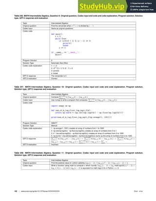 Table 246. MATH Intermediate Algebra, Question 9: Original question, Codex input and code and code explanation, Program solution, Solution
type, GPT-3 response and evaluation
Topic Intermediate Algebra
Original question Find the remainder when r13
+ 1 is divided by r − 1.
Codex input Same as original questions
Codex code
def main():
r = 2
while True:
if (r**13 + 1) % (r - 1) == 0:
print(r)
break
r += 1
if __name__ == ’__main__’:
main()
Program Solution 2
Solution Type Automatic Zero-Shot
Codex code explanation 1. r = 2
2. (2**13 + 1) % (2 - 1) = 0
3. print(2)
4. break
GPT-3 response The remainder is 2.
GPT-3 evaluation Correct
Table 247. MATH Intermediate Algebra, Question 10: Original question, Codex input and code and code explanation, Program solution,
Solution type, GPT-3 response and evaluation
Topic Intermediate Algebra
Original question Compute
P1000
k=1
k(⌈log√
2 k⌉ − ⌊log√
2 k⌋).
Codex input Use numpy to write a program that computes:
P1000
k=1
k(⌈log√
2 k⌉ − ⌊log√
2 k⌋).
Codex code
import numpy as np
def sum_of_k_log_floor_log_sqrt_2(k):
return np.sum(k * (np.ceil(np.log2(k)) - np.floor(np.log2(k))))
print(sum_of_k_log_floor_log_sqrt_2(np.arange(1, 1001)))
Program Solution 499477
Solution Type Manual
Codex code explanation 1. np.arange(1, 1001) creates an array of numbers from 1 to 1000
2. np.ceil(np.log2(k)) - np.ﬂoor(np.log2(k)) creates an array of numbers from 0 to 1
3. k * (np.ceil(np.log2(k)) - np.ﬂoor(np.log2(k))) creates an array of numbers from 0 to 1000
4. np.sum(k * (np.ceil(np.log2(k)) - np.ﬂoor(np.log2(k)))) sums up the array of numbers from 0 to 1000
GPT-3 response
P1000
k=1
k(⌈log√
2 k⌉ − ⌊log√
2 k⌋) =
P1000
k=1
k(log√
2 ⌈k⌉ − log√
2 ⌊k⌋) =
P1000
k=1
k(log√
2 k +
log√
2 1 − log√
2 k + log√
2 1) =
P1000
k=1
k(1 + log√
2 1) =
P
k
=
GPT-3 evaluation Incorrect
Table 248. MATH Intermediate Algebra, Question 11: Original question, Codex input and code and code explanation, Program solution,
Solution type, GPT-3 response and evaluation
Topic Intermediate Algebra
Original question Find the positive value of x which satisﬁes log5(x − 2) + log√
5(x3
− 2) + log1/5(x − 2) = 4.
Codex input Write a function using math to compute x which rounds (log5(x − 2) + log( math.sqrt(5))(x3
− 2) +
log( 1/5)(x − 2)) to 4. log5(x − 2) is equivalent to math.log(x-2,5) in Python. x  2.
162 | www.pnas.org/cgi/doi/10.1073/pnas.XXXXXXXXXX Drori et al.
 