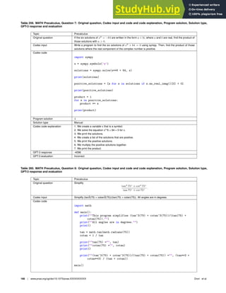 Table 259. MATH Precalculus, Question 7: Original question, Codex input and code and code explanation, Program solution, Solution type,
GPT-3 response and evaluation
Topic Precalculus
Original question If the six solutions of x6
= −64 are written in the form a + bi, where a and b are real, ﬁnd the product of
those solutions with a  0.
Codex input Write a program to ﬁnd the six solutions of x6
+ 64 = 0 using sympy. Then, ﬁnd the product of those
solutions where the real component of the complex number is positive.
Codex code
import sympy
x = sympy.symbols(’x’)
solutions = sympy.solve(x**6 + 64, x)
print(solutions)
positive_solutions = [s for s in solutions if s.as_real_imag()[0]  0]
print(positive_solutions)
product = 1
for s in positive_solutions:
product *= s
print(product)
Program solution 4
Solution type Manual
Codex code explanation 1. We create a variable x that is a symbol.
2. We solve the equation x**6 + 64 = 0 for x.
3. We print the solutions.
4. We create a list of the solutions that are positive.
5. We print the positive solutions.
6. We multiply the positive solutions together.
7. We print the product.
GPT-3 response -4096
GPT-3 evaluation Incorrect
Table 260. MATH Precalculus, Question 8: Original question, Codex input and code and code explanation, Program solution, Solution type,
GPT-3 response and evaluation
Topic Precalculus
Original question Simplify
tan3
75◦
+ cot3
75◦
tan 75◦ + cot 75◦
.
Codex input Simplify (tan3̂(75) + cotan3̂(75))/(tan(75) + cotan(75)). All angles are in degrees.
Codex code
import math
def main():
print(This program simplifies (tan^3(75) + cotan^3(75))/(tan(75) +
cotan(75)).)
print(All angles are in degrees.)
print()
tan = math.tan(math.radians(75))
cotan = 1 / tan
print(tan(75) =, tan)
print(cotan(75) =, cotan)
print()
print((tan^3(75) + cotan^3(75))/(tan(75) + cotan(75)) =, (tan**3 +
cotan**3) / (tan + cotan))
main()
168 | www.pnas.org/cgi/doi/10.1073/pnas.XXXXXXXXXX Drori et al.
 