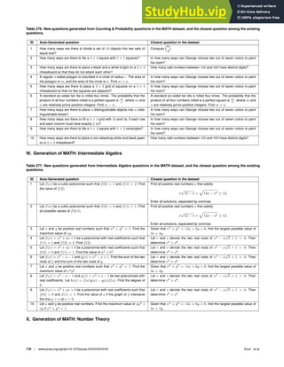 Table 276. New questions generated from Counting  Probability questions in the MATH dataset, and the closest question among the existing
questions.
ID Auto-Generated question Closest question in the dataset
1 How many ways are there to divide a set of 10 objects into two sets of
equal size?
Compute
8
4

.
2 How many ways are there to tile a 4 × 4 square with 1 × 1 squares? In how many ways can George choose two out of seven colors to paint
his room?
3 How many ways are there to place a black and a white knight on a 3 × 3
chessboard so that they do not attack each other?
How many odd numbers between 100 and 999 have distinct digits?
4 A regular n-sided polygon is inscribed in a circle of radius r. The area of
the polygon is m, and the area of the circle is n. Find m + n.
In how many ways can George choose two out of seven colors to paint
his room?
5 How many ways are there to place a 2 × 2 grid of squares on a 4 × 4
chessboard so that no two squares are adjacent?
In how many ways can George choose two out of seven colors to paint
his room?
6 A standard six-sided fair die is rolled four times. The probability that the
product of all four numbers rolled is a perfect square is m
n
, where m and
n are relatively prime positive integers. Find m − n.
A standard six-sided fair die is rolled four times. The probability that the
product of all four numbers rolled is a perfect square is m
n
, where m and
n are relatively prime positive integers. Find m + n.
7 How many ways are there to place n distinguishable objects into n indis-
tinguishable boxes?
In how many ways can George choose two out of seven colors to paint
his room?
8 How many ways are there to ﬁll a 4 × 4 grid with 1s and 0s, if each row
and each column must have exactly 2 1s?
In how many ways can George choose two out of seven colors to paint
his room?
9 How many ways are there to tile a 4 × 4 square with 1 × 2 rectangles? In how many ways can George choose two out of seven colors to paint
his room?
10 How many ways are there to place a non-attacking white and black pawn
on a 4 × 4 chessboard?
How many odd numbers between 100 and 999 have distinct digits?
W. Generation of MATH: Intermediate Algebra
Table 277. New questions generated from Intermediate Algebra questions in the MATH dataset, and the closest question among the existing
questions.
ID Auto-Generated question Closest question in the dataset
1 Let f(x) be a cubic polynomial such that f(0) = 1 and f(1) = 2. Find
the value of f(2).
Find all positive real numbers x that satisfy
x
√
12 − x +
p
12x − x3 ≥ 12.
Enter all solutions, separated by commas.
2 Let f(x) be a cubic polynomial such that f(0) = 0 and f(1) = 1. Find
all possible values of f(0.5).
Find all positive real numbers x that satisfy
x
√
12 − x +
p
12x − x3 ≥ 12.
Enter all solutions, separated by commas.
3 Let x and y be positive real numbers such that x2
+ y2
= 1. Find the
maximum value of xy.
Given that x2
+ y2
= 14x + 6y + 6, ﬁnd the largest possible value of
3x + 4y.
4 Let f(x) = x2
+ ax + b be a polynomial with real coefﬁcients such that
f(1) = 1 and f(2) = 4. Find f(3).
Let r and s denote the two real roots of x2
− x
√
5 + 1 = 0. Then
determine r8
+ s8
.
5 Let f(x) = x2
+ ax + b be a polynomial with real coefﬁcients such that
f(0) = 0 and f(1) = 1. Find the value of a2
+ b2
.
Let r and s denote the two real roots of x2
− x
√
5 + 1 = 0. Then
determine r8
+ s8
.
6 Let f(x) = x2
− x − 1 and g(x) = x2
− x + 1. Find the sum of the two
roots of f and the sum of the two roots of g.
Let r and s denote the two real roots of x2
− x
√
5 + 1 = 0. Then
determine r8
+ s8
.
7 Let x and y be positive real numbers such that x2
+ y2
= 1. Find the
maximum value of x2
y2
.
Given that x2
+ y2
= 14x + 6y + 6, ﬁnd the largest possible value of
3x + 4y.
8 Let f(x) = x2
− x − 1 and g(x) = x2
+ x − 1 be two polynomials with
real coefﬁcients. Let h(x) = f(x)g(x) − g(x)f(x). Find the degree of
h.
Let r and s denote the two real roots of x2
− x
√
5 + 1 = 0. Then
determine r8
+ s8
.
9 Let f(x) = x2
+ ax + b be a polynomial with real coefﬁcients such that
f(0) = 0 and f(1) = 1. Find the value of a if the graph of f intersects
the line y = x at x = 0.
Let r and s denote the two real roots of x2
− x
√
5 + 1 = 0. Then
determine r8
+ s8
.
10 Let x and y be positive real numbers. Find the maximum value of xy2
+
xy if x2
+ y2
= 1.
Given that x2
+ y2
= 14x + 6y + 6, ﬁnd the largest possible value of
3x + 4y.
X. Generation of MATH: Number Theory
178 | www.pnas.org/cgi/doi/10.1073/pnas.XXXXXXXXXX Drori et al.
 