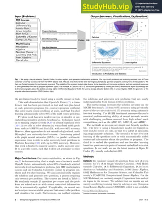 Input (Problems) Output (Answers, Visualizations, Explanations)
MIT Courses
Columbia U Course
Zero-Shot Learning
70% automatic solve rate
Calculus
Diﬀerential Eq.
Intro to Prob.
Linear Algebra
Math for CS
Comp. Lin. Alg.
Prealgebra
Algebra
Number Theory
Counting and Prob.
Inter. Algebra
Precalculus
MATH Topics
Few-Shot Learning
80% automatic solve rate
Program Synthesis
As-is / write a program / use sympy / use simulations
Codex
Calculus
Differential Equations Linear Algebra
Introduction to Probability and Statistics
1. Generate a random number x from a uniform distribution on the interval [0, θ]
2. Test the hypothesis that θ = 2 by rejecting H0 if x ≤ 0.1 or x ≥ 1.9
3. Simulate the probability of a type I error Explanation
Fig. 1. We apply a neural network, OpenAI Codex, to solve, explain, and generate mathematics problems. Our input math problems are randomly sampled from MIT and
Columbia University courses and from the MATH dataset (left). We use zero-shot and few-shot learning to automatically generate programs, solving 80% of the questions. We
then use Codex to explain the synthesized programs. The modality of the program outputs take diverse forms depending on the course problems, such as numerical responses
or plots generated from text by program synthesis (right). For example, in Calculus 18.01-2: the volume generated by rotating the ﬁnite 2-dimensional region bounded by two
2-dimensional graphs about the plotted axis (top right); in Differential Equations 18.03: the Lorenz strange attractor (bottom left); In Linear Algebra 18.06: the geometry of the
singular value decomposition (SVD) (bottom right).
the pre-trained model is tuned using a specific dataset or task.
This work demonstrates that OpenAI’s Codex (7), a trans-
former that has been pre-trained on text and then fine-tuned
on code, generates programs (i.e., conducts program synthesis)
that solve math course problems at scale, and that few-shot
learning automatically solves 80% of the math course problems.
Previous work has seen modest success on simpler or spe-
cialized mathematics problem benchmarks. Techniques based
on co-training output to verify (8, 9) or predict expression trees
(10–15) are able to solve elementary school-level math prob-
lems, such as MAWPS and Math23k, with over 80% accuracy.
However, these approaches do not extend to high-school, math
Olympiad, nor university-level courses. Co-training paired
with graph neural networks (GNNs) to predict arithmetic
expression trees is able to solve university-level problems in
Machine Learning (16) with up to 95% accuracy. However,
that work is limited to numeric answers, and is moreover over-
fit to a specific course, such that it does not generalize to other
courses.
Major Contributions. Our main contribution, as shown in Fig-
ure 2, is demonstrating that a single neural network model,
OpenAI Codex, automatically solves 80% of randomly selected
university-level mathematics problems (six MIT mathematics
courses and one Columbia University course) by program syn-
thesis and few-shot learning. We also automatically explain
the solutions and generate new questions, a process requiring
only seconds per problem. The courses are listed in Table 1.
We randomly sample 25 questions per course and the prob-
lems are solved as-is or with minor contextual information
that is automatically applied. If applicable, the neural net-
work outputs an executable program that answers the problem
and visualizes the result. Furthermore, our method explains
the solutions and generates new problems that are nearly
indistinguishable from human-written problems.
This methodology increases the solution accuracy on the
MATH benchmark (5) from 8.8% accuracy using previously
state-of-the-art methods to 81.1% accuracy using automatic
few-shot learning. The MATH benchmark measures the math-
ematical problem-solving ability of neural network models
with challenging problems sourced from high school math
competitions, such as the AMC 10∗
, AMC 12, and AIME†
.
The methods we propose are simple and broadly applica-
ble. The first is using a transformer model pre-trained on
text and fine-tuned on code, so that it is adept at synthesiz-
ing programmatic solutions. The second is to use zero-shot
learning of the questions as-is or with automatically added
contextual information about the problem or program. The
third is to embed the questions and use few-shot learning
based on question-code pairs of nearest embedded zero-shot
questions. In our work, we use the latest version of Open AI
Codex (7), namely code-davinci-002.
Methods
Dataset. We randomly sample 25 questions from each of seven
courses: MIT’s 18.01 Single Variable Calculus, 18.02 Multi-
variable Calculus, 18.03 Differential Equations, 18.05 Intro-
duction to Probability and Statistics, 18.06 Linear Algebra,
6.042 Mathematics for Computer Science, and Columbia Uni-
versity’s COMS3251 Computational Linear Algebra. For the
MATH dataset, we randomly sample 15 questions from each of
six topics in the dataset. We validate that our results are not
merely overfitting training data by solving a new Computa-
tional Linear Algebra course COMS3251 which is not available
∗
American Mathematics Competitions
†
American Invitational Mathematics Examination
2 | www.pnas.org/cgi/doi/10.1073/pnas.XXXXXXXXXX Drori et al.
 