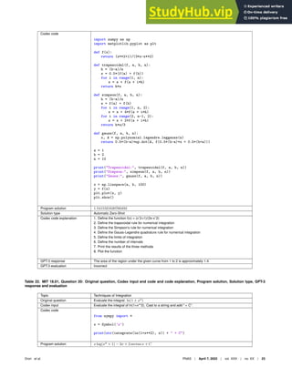 Codex code
import numpy as np
import matplotlib.pyplot as plt
def f(x):
return (x**2+1)/(3*x-x**2)
def trapezoidal(f, a, b, n):
h = (b-a)/n
s = 0.5*(f(a) + f(b))
for i in range(1, n):
s = s + f(a + i*h)
return h*s
def simpson(f, a, b, n):
h = (b-a)/n
s = f(a) + f(b)
for i in range(1, n, 2):
s = s + 4*f(a + i*h)
for i in range(2, n-1, 2):
s = s + 2*f(a + i*h)
return h*s/3
def gauss(f, a, b, n):
x, A = np.polynomial.legendre.leggauss(n)
return 0.5*(b-a)*np.dot(A, f(0.5*(b-a)*x + 0.5*(b+a)))
a = 1
b = 2
n = 10
print(Trapezoidal:, trapezoidal(f, a, b, n))
print(Simpson:, simpson(f, a, b, n))
print(Gauss:, gauss(f, a, b, n))
x = np.linspace(a, b, 100)
y = f(x)
plt.plot(x, y)
plt.show()
Program solution 1.5415321620760492
Solution type Automatic Zero-Shot
Codex code explanation 1. Deﬁne the function f(x) = (xˆ2+1)/(3x-xˆ2)
2. Deﬁne the trapezoidal rule for numerical integration
3. Deﬁne the Simpson’s rule for numerical integration
4. Deﬁne the Gauss-Legendre quadrature rule for numerical integration
5. Deﬁne the limits of integration
6. Deﬁne the number of intervals
7. Print the results of the three methods
8. Plot the function
GPT-3 response The area of the region under the given curve from 1 to 2 is approximately 1.4.
GPT-3 evaluation Incorrect
Table 22. MIT 18.01, Question 20: Original question, Codex input and code and code explanation, Program solution, Solution type, GPT-3
response and evaluation
Topic Techniques of Integration
Original question Evaluate the integral. ln(1 + x2
)
Codex input Evaluate the integral of ln(1+x**2). Cast to a string and add  + C.
Codex code
from sympy import *
x = Symbol(’x’)
print(str(integrate(ln(1+x**2), x)) +  + C)
Program solution x log(x2
+ 1) − 2x + 2 arctan x + C
Drori et al. PNAS | April 7, 2022 | vol. XXX | no. XX | 23
 
